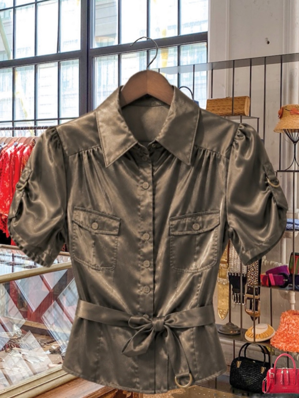 Vintage Satin Button-Up Belted Blouse NWT
